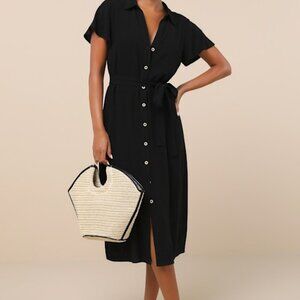 Lulus Italian Summer Black Linen Button-up Short Sleeve Midi Dress - Size XL